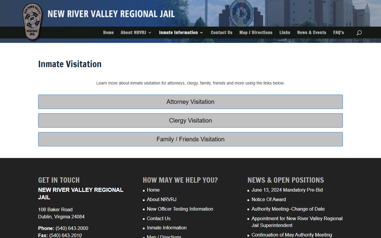 New River Valley Regional Jail Giles County visitation information